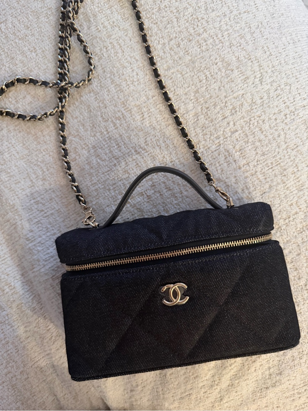 CHANEL Black Quilted Denim Crossbody Vanity Case with Gold Chain
